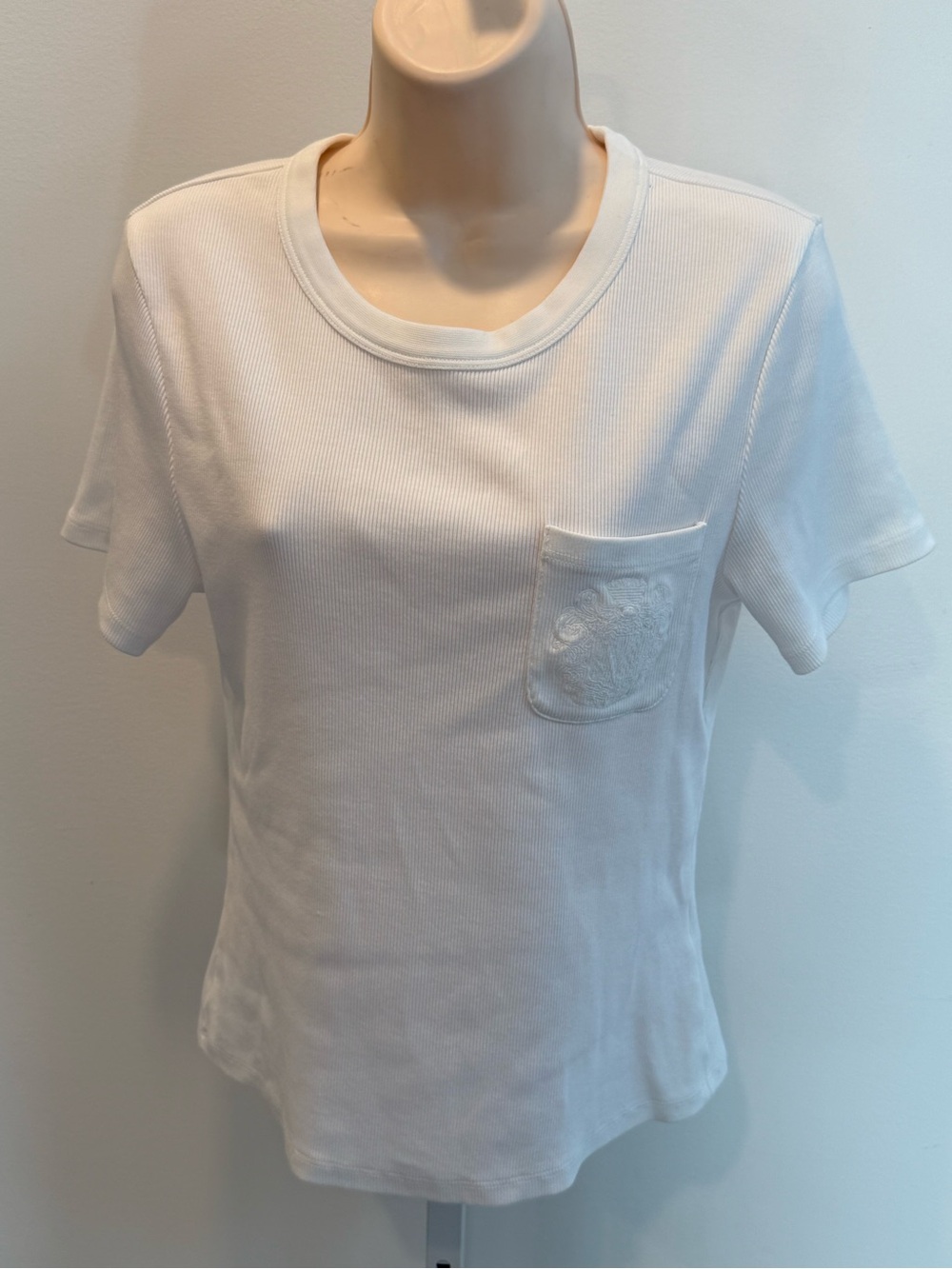 Veronica Beard White Short-Sleeve Ribbed Pocket Tee Embroidered Women Size M